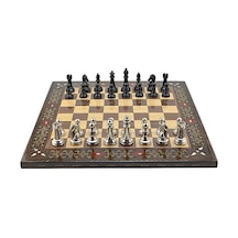 Gifthome Premium Black Metal Klasik Satranç Takımı Ve El İmali Masif Ahşap Düz Ceviz Tahtası 45x45x2 Cm.