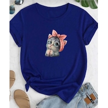 Kozia Outdoors Sevimli Kedi Baskılı Oversize Basic O Yaka Unisex T-şhirt Mavi Mavi