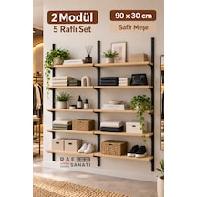 2 Modül 90x30 Cm 10 Raflı Geniş Mağaza Duvar Rafı Konik Dikme Sistem Safir Meşe Suntalam