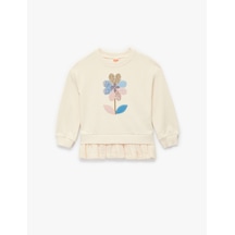 Koton Pamuklu Uzun Kollu Bisiklet Yaka Çiçek Desenli Sweatshirt Bej 6wmg10081ak Ekru