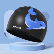 Siyah Çocuk Yüzme Kapakları Kız Erkek Sevimli Karikatür Yunus Uzun Saç Çocuklar İçin Dayanıklı Silikon Su Geçirmez Elastik Yüzmek Kapakları Siyah