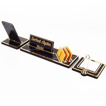 Vega Gold Çerçeveli Mermer Desenli Ataçlı Hediye Masa İsimliği Ahşap Masa Seti Ofis Masaüstü İsimlik
