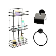 Alper Banyo Yapışkanlı Siyah 3 Katlı Banyo Rafı TŞ03 Lotus Kapaklı Kağıtlık Lotus Halka Havluluk Çok Renkli