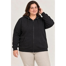 Battal Büyük Beden Üç İplik İçi Şardonlu Kapüşonlu Tam Fermuarlı Kışlık Sweatshirt - Siyah