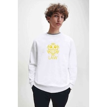 One Piece Law Logo Baskılı Beyaz Erkek Örme Sweatshirt