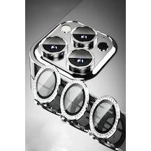 iPhone 14 Pro Max Uyumlu Taşlı Tasarım Cam Kamera Lens Koruyucu - Gümüş