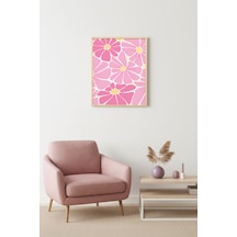 Doğal Ahşap Çerçeveli Retro Pembe Çiçekli Tablo - Boho Floral Desen Huhu2757