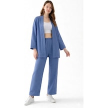 Zen Elegance Kadın Kimono Takım - Geniş Paça Keten Dokulu Alt Üst Yazlık Kadın Takım İndigomavi