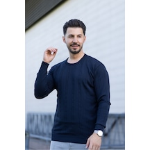 Hk Premium Erkek Fitilli Triko Kazak Slim Fit Bisiklet Yaka Likralı Kışlık Sweatshirt Lacivert