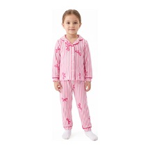 Bebegen Kız Bebek Beyaz Pembe Fiyonklu Çizgili Pijama Takımı Çok Renkli