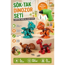 Sök Tak 4'lü 12cm Dinozor Oyuncak Seti Vidalı Montajlı Eğitici Oyuncak + Pilli Matkap İle