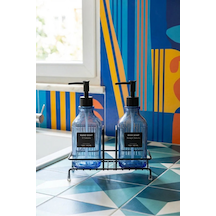 Modern Çizgili Cam İkili Sıvı Sabunluk & Deterjanlık Seti - 500ml Standlı Mutfak Ve Banyo Organizeri Mavi