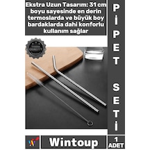 Pipetseti Termos Uyumlu 31 Cm Ekstra Uzun Paslanmaz Çelik Pipet Seti 3 Parça Eğri + Düz + Fırça