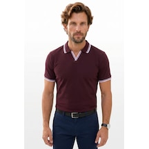 Tudors Erkek Slim Fit Dar Kesim %100 Pamuklu Çizgili Detaylı V Yaka Bordo Polo Yaka Tişört-51595