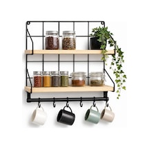Tr Mutfak Rafı - 2 Katlı Baharatlık Ve 6'li Kupa Askısı - Duvar Tipi Metal Ahşap Mutfak Düzenleyici - 40x30x10 Cm Diğer