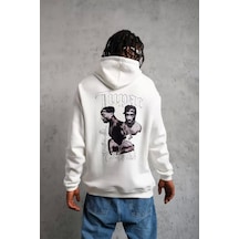 Erkek Kol Ve Etek Ribana Baskılı Kapüşonlu Sweat - Beyaz Beyaz