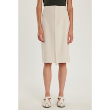 Tudors Kadın Slim Fit Önü Fermuar Detaylı Midi Boy Bej Etek-35309 Bej