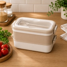3 Katlı Çatal Kaşıklı Beslenme Ve Yemek Saklama Kabı Krem