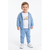 Toontoy Kids Toontoy Erkek Çocuk 3'lü Eşofman Takımı Uzun Kollu Bisiklet Yaka Nakışlı T-shirt - Kapüşonlu Fermuarlı Hırka- Beli Paçası Lastikli Eşofman Altı 25044 Mavi
