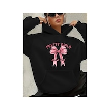 Herkesemoda Pertty Gırls Yazı Detay Baskılı İçi Polarlı Kapüşonlu Sweatshirt Siyah