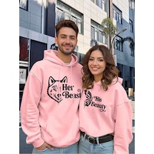 Nevermind Sevgili Çift Kombin Hoodie Set His Beauty Her Beast Baskılı Unise Pembe