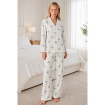 Kadın Desenli Relaxed Beyaz Pijama Takımı 4661