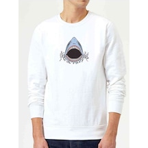 Shark Attack Baskılı Beyaz Erkek Örme Sweatshirt