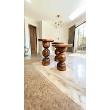 Doğal Ahşap 3 Lü Yan Sehpa Seti Mantar Tasarım, Açık Ceviz Renk