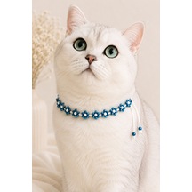 El Yapımı Boncuklu Kedi Boyun Aksesuarı Koyu Turkuaz Çiçekli Beyaz Bağcıklı Dekoratif Kedi Tasması