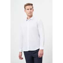 İmza Beyaz Uzun Kol Çizgili Desen Gabardin Sert Yaka Cepsiz Pamuklu Classic Slim Fit Gömlek 1004245205 Beyaz