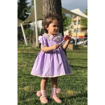 Dantel Yaka Kurdele Detaylı Özel Tasarım Lila Kız Çocuk Bebek Elbise 001