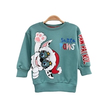 Çocuk Yeni Yıl Gözlük Nakış Detaylı Paw Noel Baskılı Pastel Yeşil Ton Sweatshirt Unisex Yeşil
