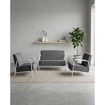 Atlas 2+1+1 Dokuma Kumaş Ofis Cafe Bekleme Koltuk Takımı Beyaz Metal Gri