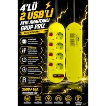 4'lü Grup Priz 2 Usb'li 1.5 Metre Ayrı Anahtarlı Akım Korumalı Uzatma Kablosu 16a 250v Ev Ofis Tipi