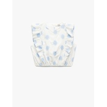 Koton Pamuklu Bisiklet Yaka Kolsuz Çiçek Nakışlı Kolsuz Crop Bluz Mavi Desenli 5skg60067aw