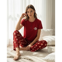 Mihra Kadın Compakt Penye Düğmeli Yaka Kısa Kol İnce Pijama Takımı 90783k - 1 Adet Kırmızı