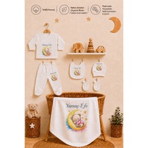 Pia Baby Kişiye Özel Erkek Bebek Zıbın Set 6 Parça %100 Pamuk İsimli Organik Baskılı Battaniyeli 1109bz0x Krem