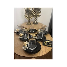 Siyah Cam Tabaklı Kelebek Detaylı 12 Parça 6 Kişilik Çay Seti, Çay Takımı, İrem Çay Bardak Siyah-black-gold
