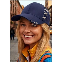 Uniquetrenders Kadın Piercing Halkalı Çapraz Metal Detaylı Özel Tasarım Baseball Cap Streetwear Şapka Lacivert
