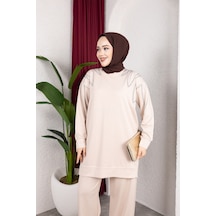 Hira Life Fashion Moda Efsa Kadın Bej Tesettür Giyim Zarif Taş Detaylı Tunik & Pantolon İkili Takım Bej Bej