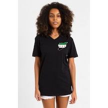 Suriye Yeni Bayrak Logo Siyah Kadın V Yaka Tshirt SIYAH
