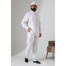 Erkek Müslin Hakim Yaka Gömlek Pantolon İkili Takım, Modern Hac Umre Kıyafeti - Beyaz Vşn Beyaz