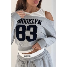 Extra Wide Ekstra Geniş Paçalı Bağcıklı Eşofman Alt Ve Düşük Omuz İki Parçalı Atletli Eyalet Abd Usa Yazı Baskılı 2 Parça Görünümlü Uzun Kol Sweatshirt Spor Mevsimlik Kadın Takım Gri