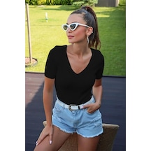 Aqe Fashion V Yaka Kısa Kol Siyah Bluz Siyah