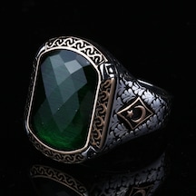 Fkgümüş Ay Yıldız Motifli Yeşil Faset Taşlı Erkek Gümüş Yüzük Silver