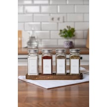 Mienda Home 4'lü Ahşap Standlı Cam Baharatlık Seti Kapaklı Etiketli Baharatlık Takımı Mh01slvr04 Beyaz - Şeffaf