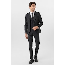 Süvari Siyah Slim Fit Desenli Mono Yaka 6 Drop Yelekli Klasik Takım Elbise-35634 Siyah