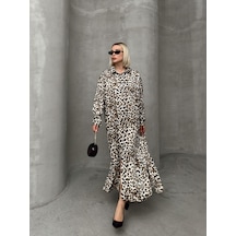 Olcay Leopar Desenli Yandan Yırtmaçlı Oversize Elbise Kahve 9262-e