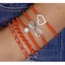 Turuncu Sonsuzluk - Kalp- Kristal Makrome Ip Bileklik Takımı Set Rose Gold