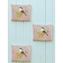 Sevimli Kuş Baskılı 3'lü Makyaj Çantası 20x25 Cm - Seyahat Makyaj Çantası